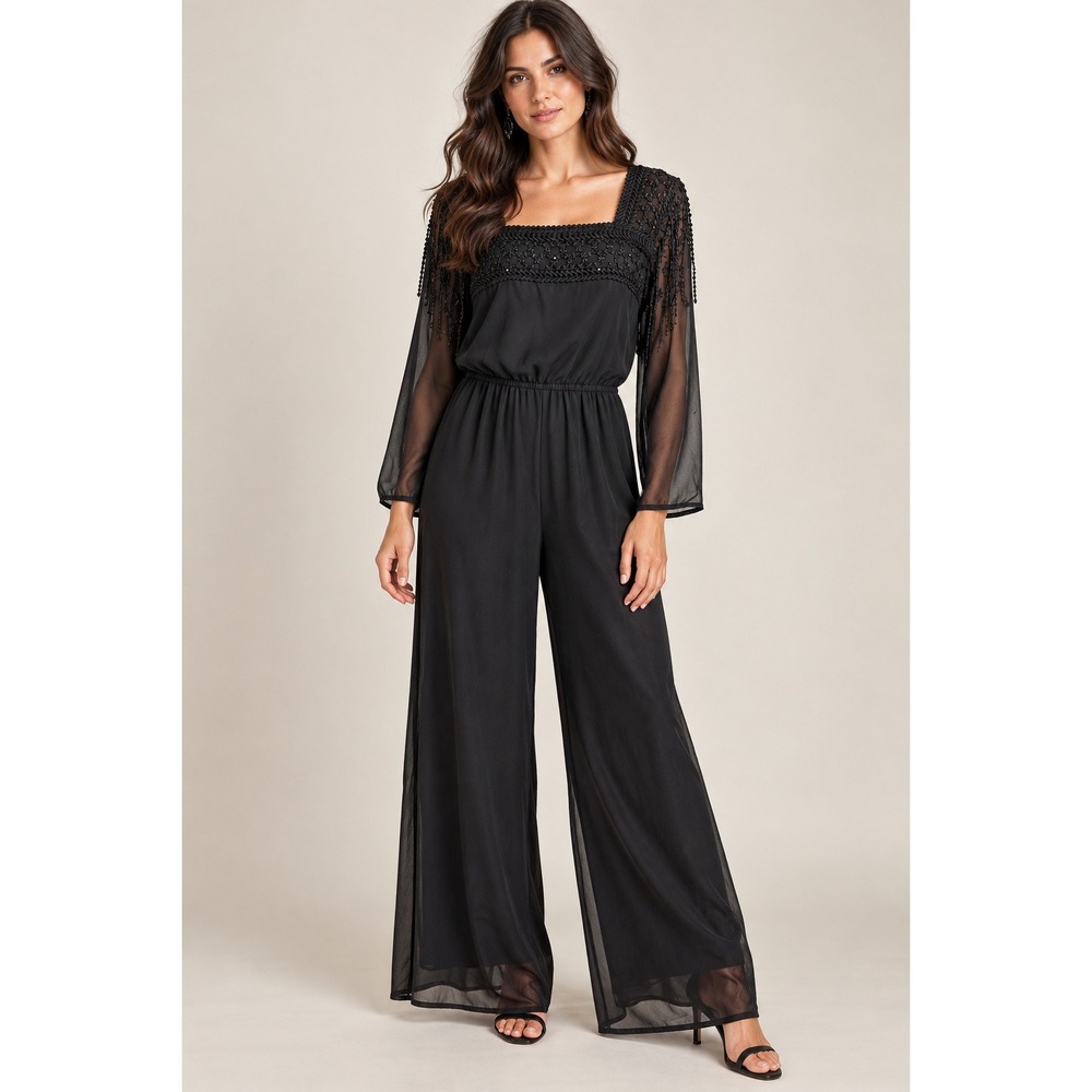 Spencer Alexis 90s Glam Black Sheer Sequin Wide Leg Jumpsuit Evening Formal M